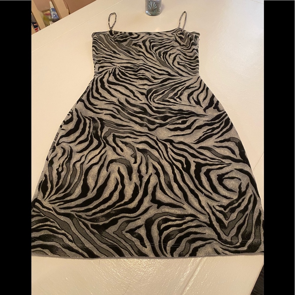 🔥 Mandee silver and black spaghetti strap shimmer zebra print mini dress